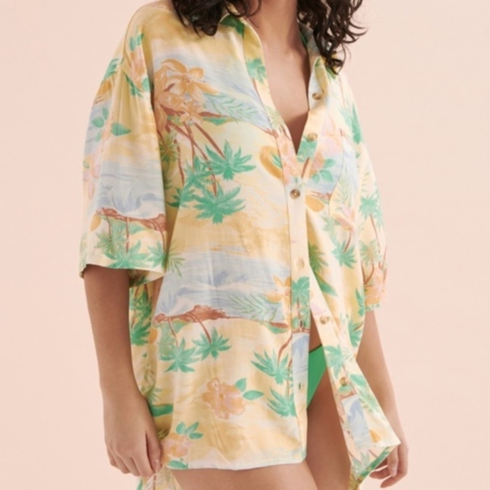 Billabong Women's Wait Till Sunset Tank Top Tropical Print Button-Up Shirt